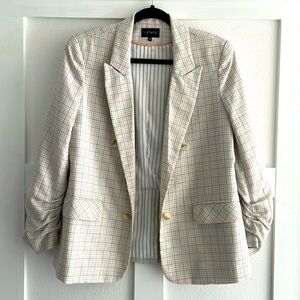 1. State Womens Blazer Medium Ruched Button-Detail Plaid Gray M